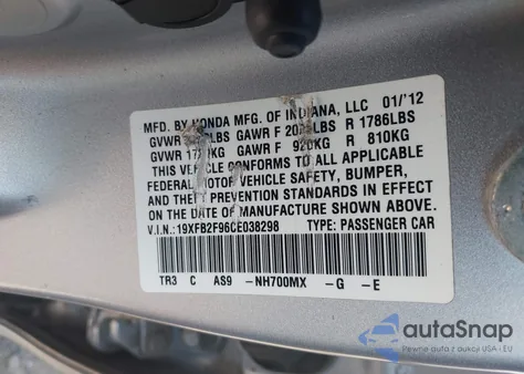 2012 Honda Civic Ex-L from USA, damaged, VIN 19XFB2F96CE038298